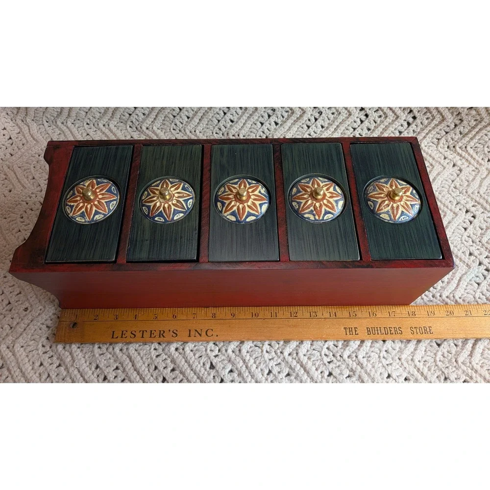 Vintage Pier 1 Tabletop Cabinet 5 Drawer Wood Mini Chest Red Green Hand Painted